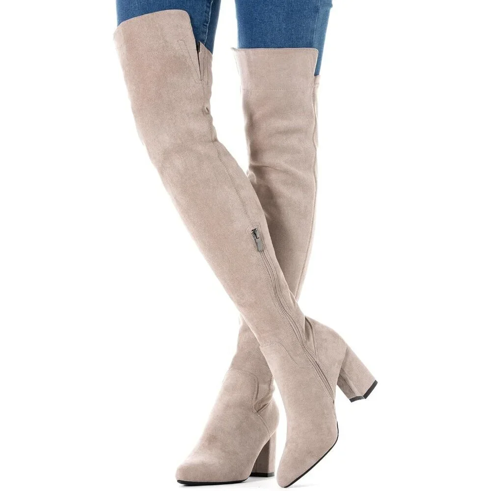 Women Cream/3 Inch Heel Faux Suede Over The Knee Thigh High Low Block Heel Boot
